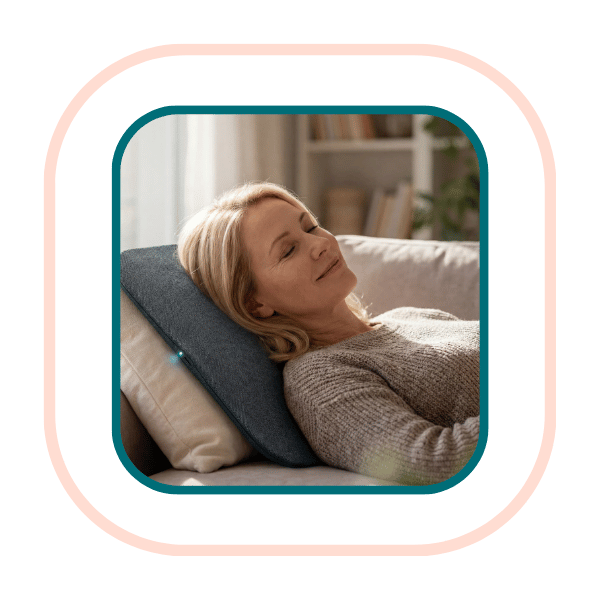 A middle aged woman rests on the sofa on her Trembo, looking peaceful