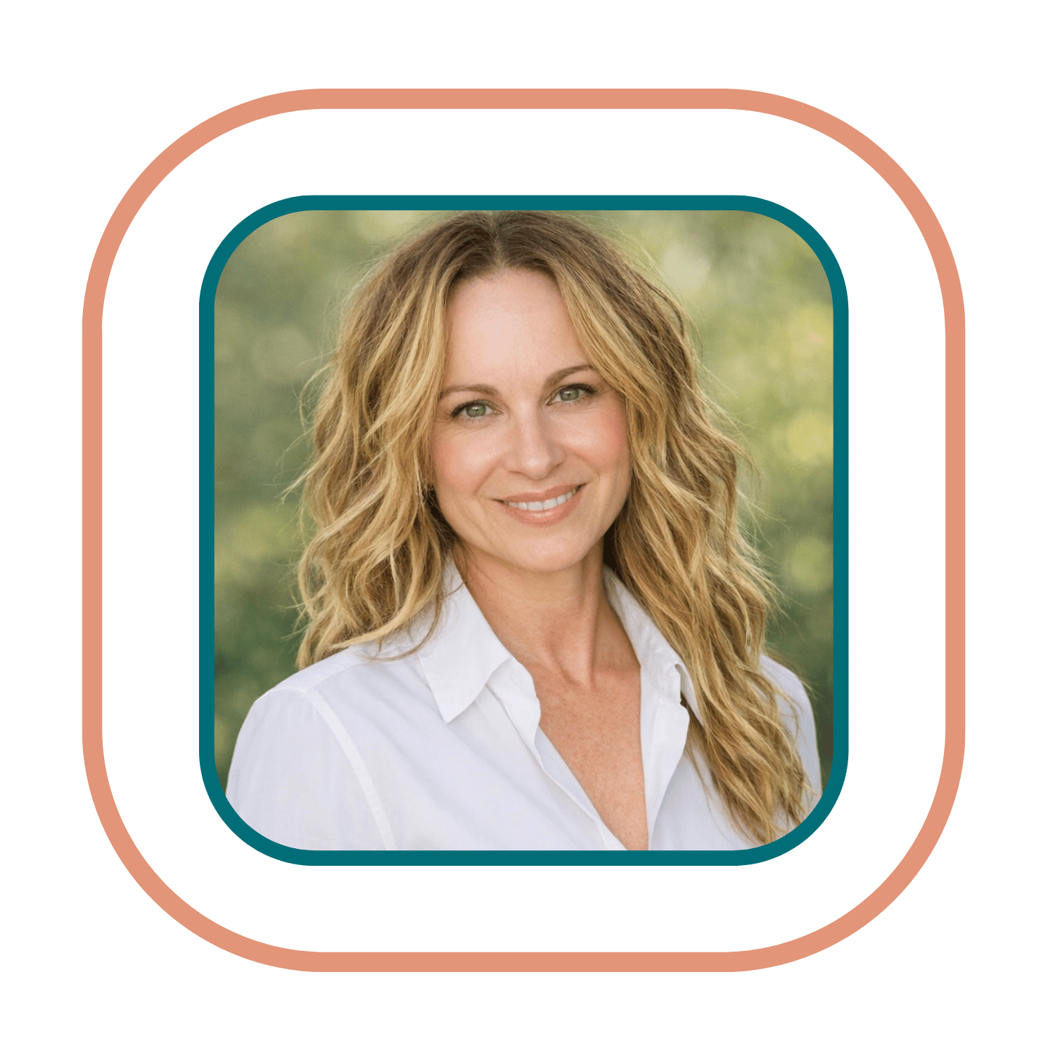 Founder Courtney Sanders in a white shirt with blurred green background