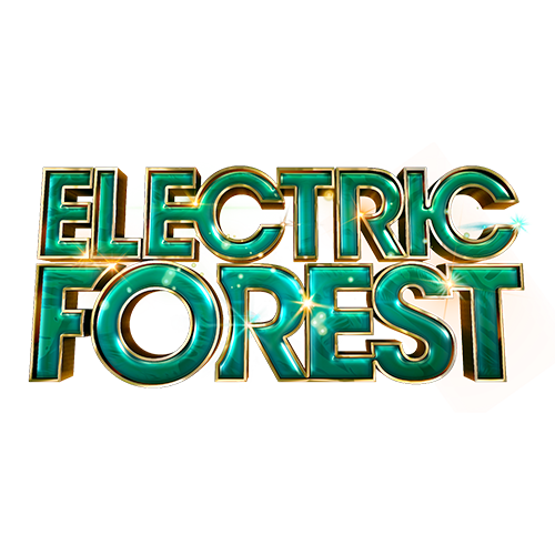 Logo for Electric Forest music festival with neon green and blue text and orange and green accents.