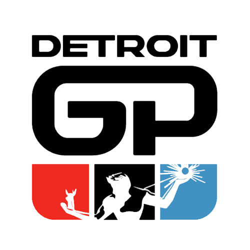 Detroit Grand Prix logo featuring the event name, stylized GP initials, and illustrations of race car drivers against a red, black, and blue background.