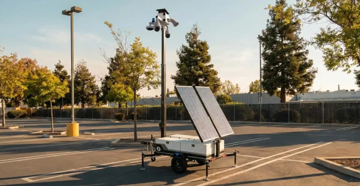 Mobile solar-powered security camera system in an empty parking lot, with trees and industrial buildings in the background.