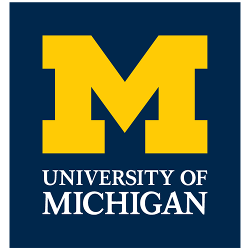 University of Michigan logo with a large yellow letter M on a navy background, and the text 'University of Michigan' underneath.