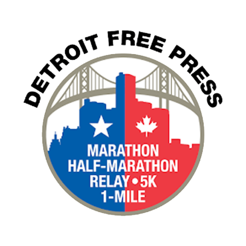 Logo for the Detroit Free Press marathon event featuring a bridge, with a blue segment on the left and a red segment on the right, containing cityscape silhouettes, stars, a maple leaf, and text listing marathon races.