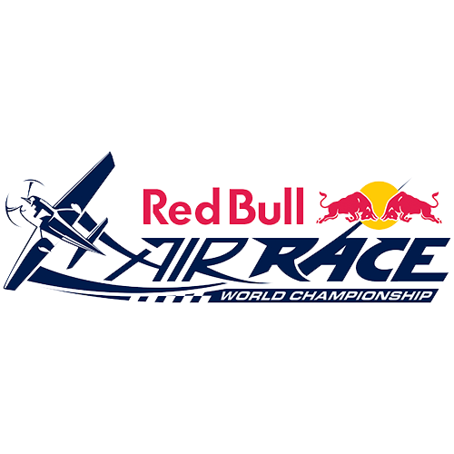 Logo for Red Bull Air Race World Championship featuring a stylized airplane, Red Bull's logo with two red bulls charging at each other, and the event name.