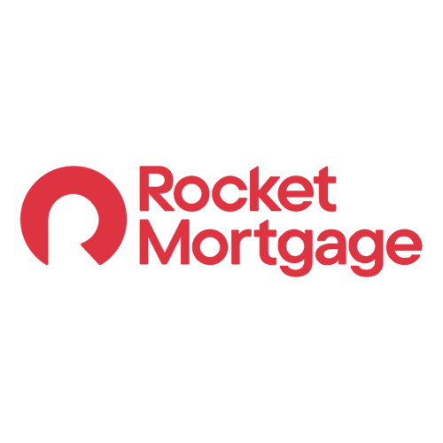 Rocket Mortgage logo with a red circular symbol and red text saying 'Rocket Mortgage' on a black background.