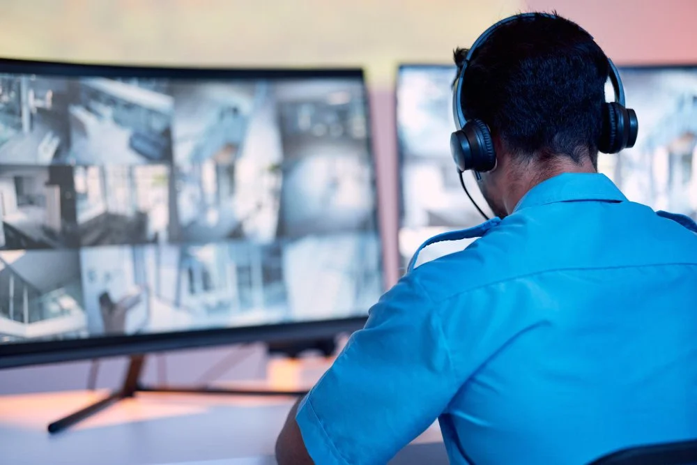 Security monitoring room with a man wearing a blue uniform and headphones, watching multiple surveillance screens.