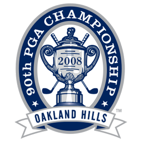 Logo for the 90th PGA Championship held in 2008 at Oakland Hills, featuring a trophy, golf clubs, and text.