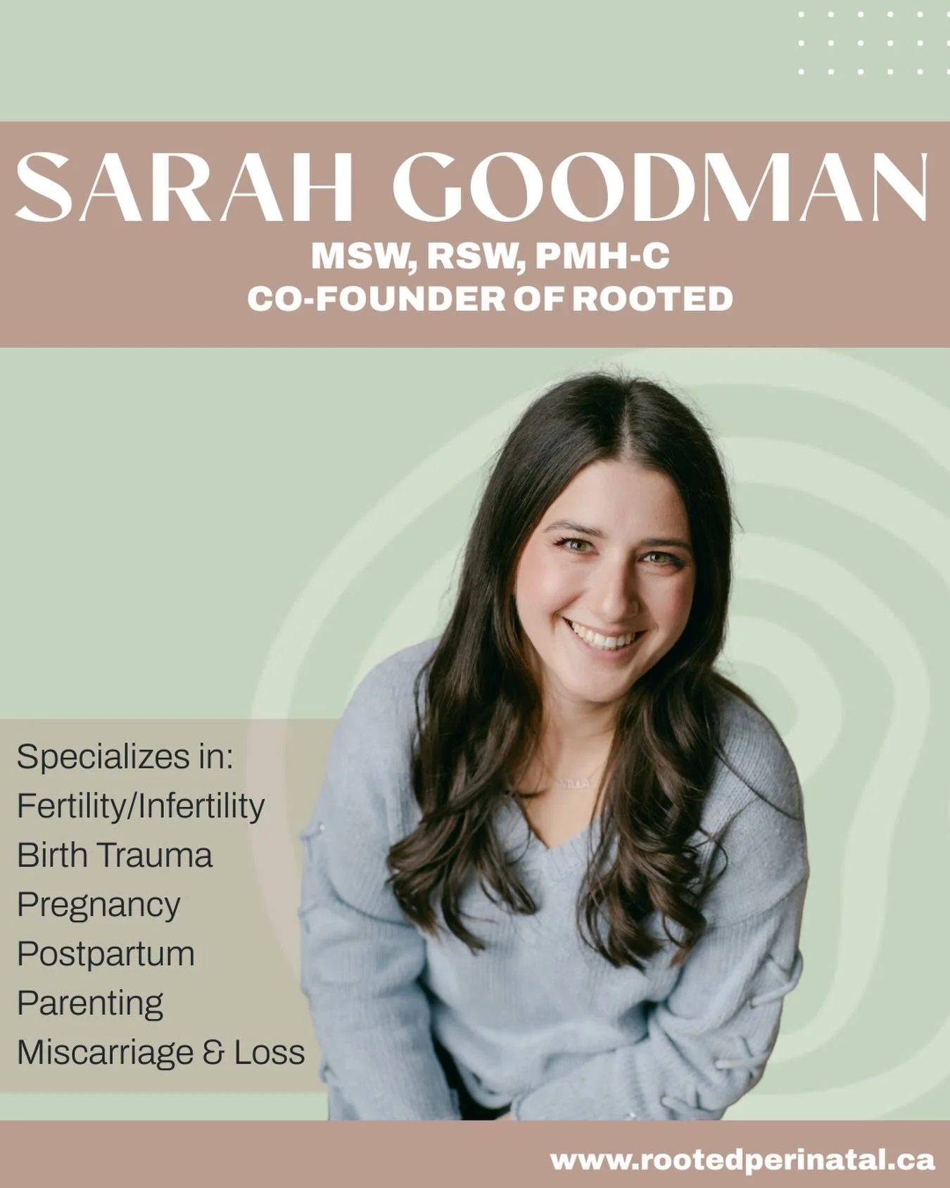 Meet Sarah! 👋🏼

She is a registered social worker in Ontario certified in perinatal mental health through Postpartum Support International. Sarah has spent her career supporting kids and families, and felt a passion for supporting those in the peri