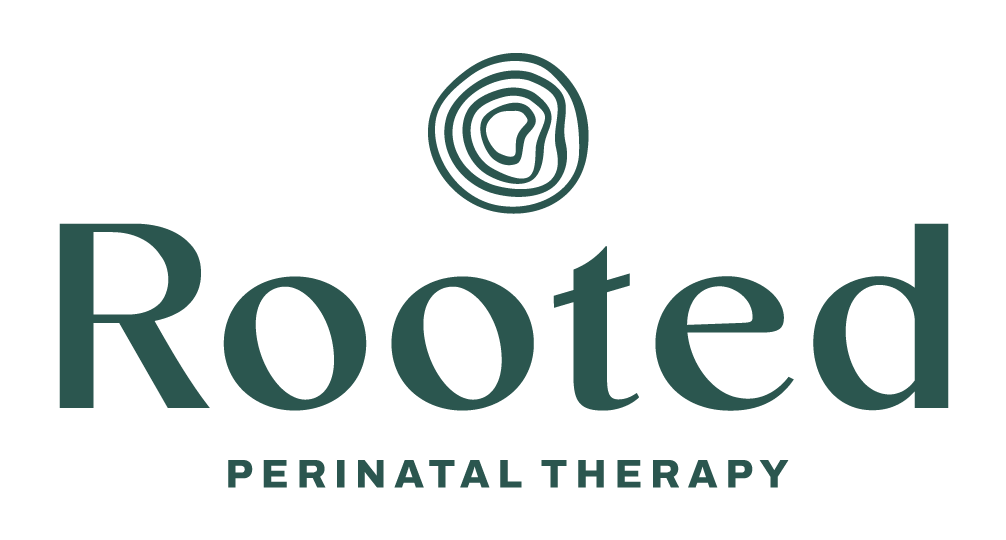 Logo for Rooted Perinatal Therapy with a stylized tree ring symbol above the text.