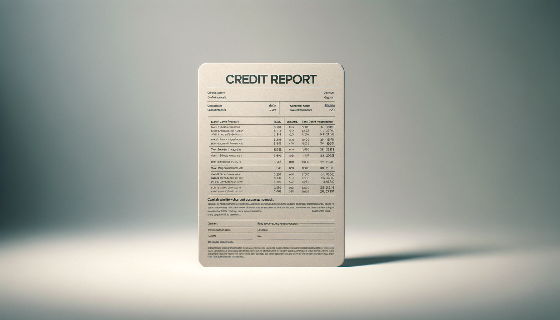 A framed credit report standing on a surface with a blurred neutral background.