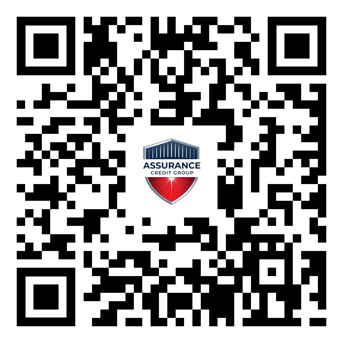 QR code with Assurance Credit Group logo at the center, featuring a shield with a blue and red design.