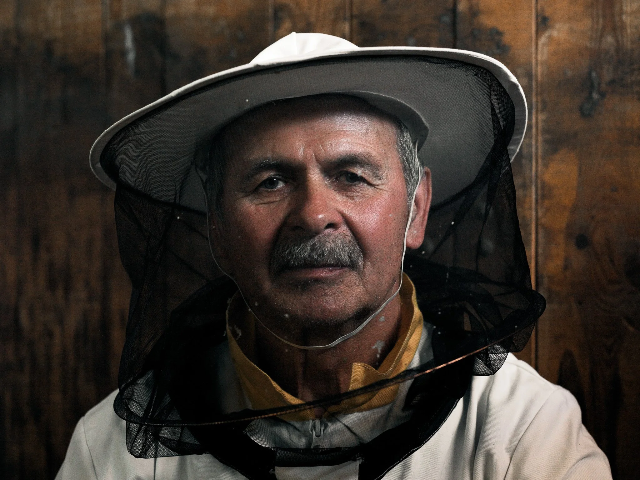 A man wearing a protective hive suit, including a white hat with a mesh veil, standing in front of a dark wooden wall.
