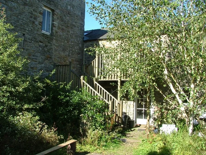Backyard with wooden stairs leading to a deck, garden, trees, bushes, and an old stone wall of a house.