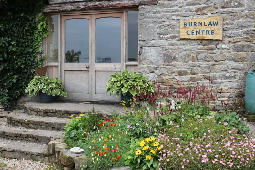 Stone steps leading to a small wooden door on a stone building. Two potted plants with large green leaves are on either side of the door. There is a variety of colorful flowers and greenery in front of the steps. A sign on the building reads 'Burnlaw