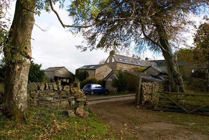 A rustic country scene with a dirt driveway leading to stone buildings and a blue car, surrounded by trees and a wooden fence.