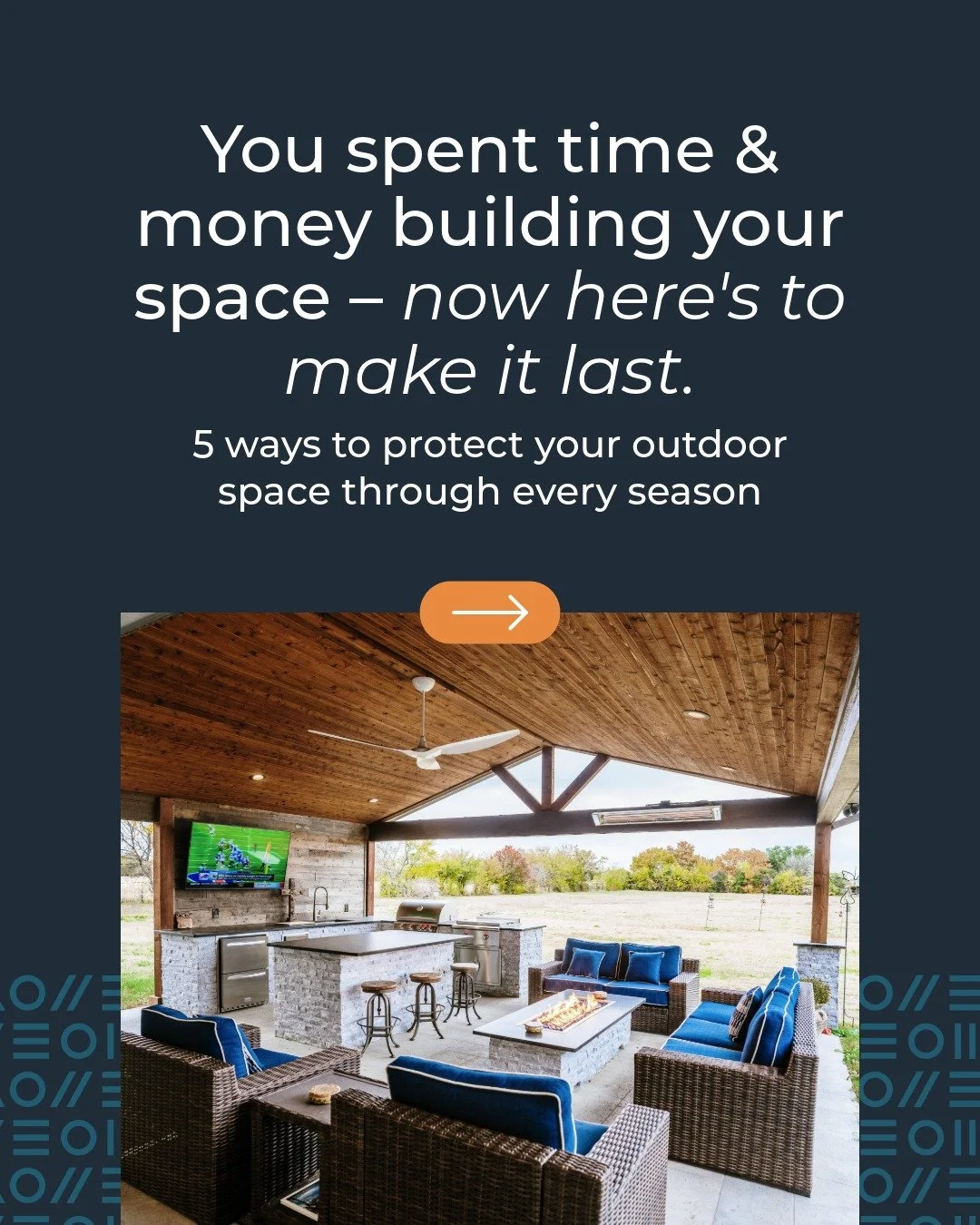 Your new space was built to last, but a little love goes a long way. ☀️ These tips come straight from our owners, Chelsy and Dustin- because nobody knows the ins and outs of outdoor living like they do. 

🏡From grills to fans to furniture... here&rs