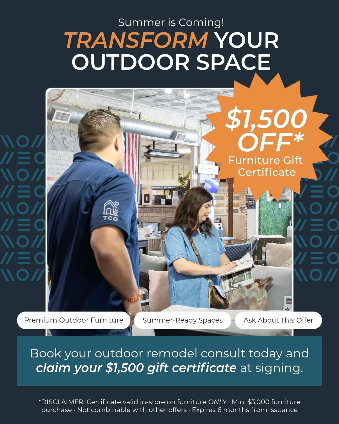 We're giving away $1,500 toward outdoor furniture and all you have to do is book your project.

Sign a job with The Collective Outdoors and we'll hand you a $1,500 furniture gift certificate to use in-store toward your new outdoor space. That's $1,50