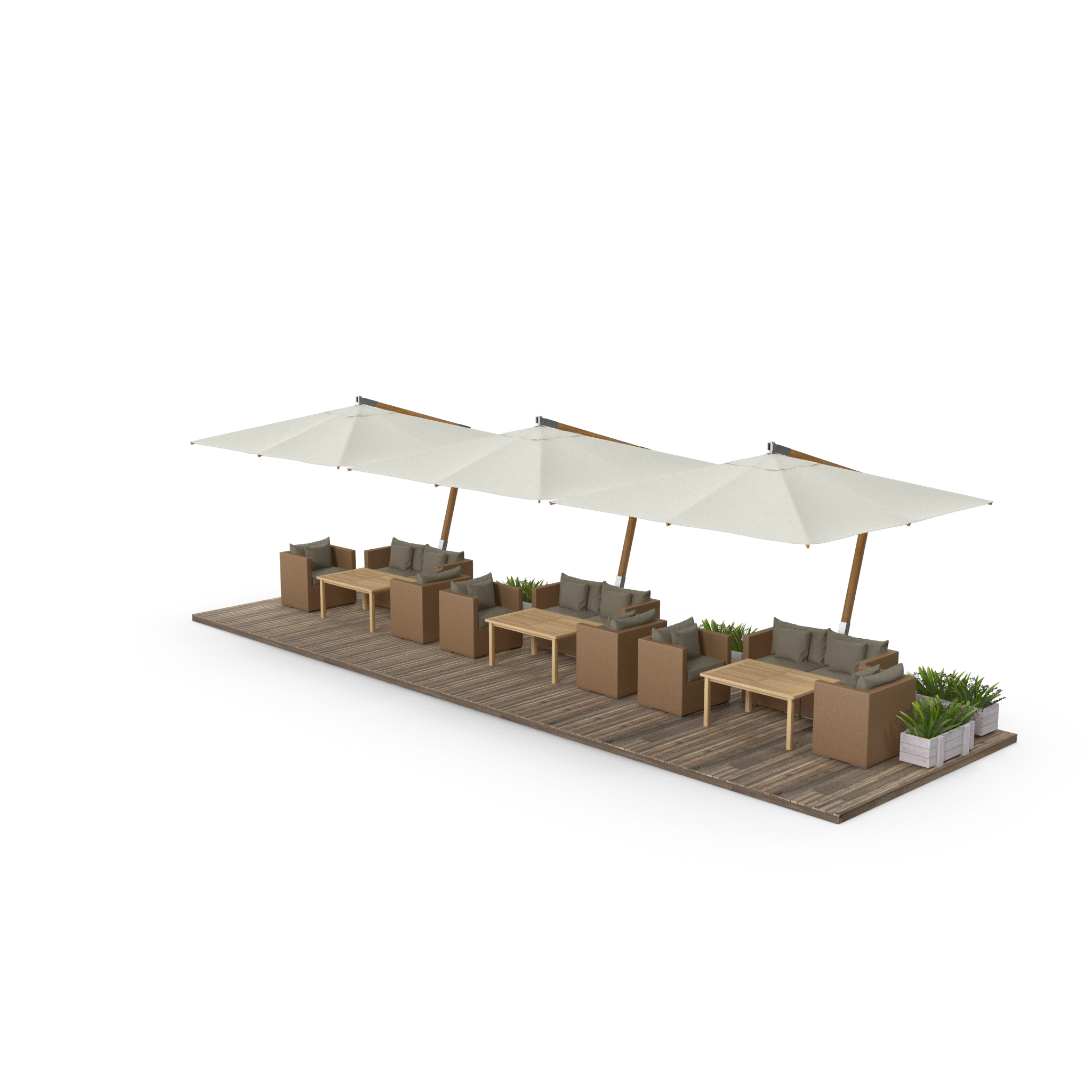 Outdoor seating area with beige sofas, wooden tables, large white umbrellas, and planters with green plants on wooden deck, night setting with a blue pool in the background.