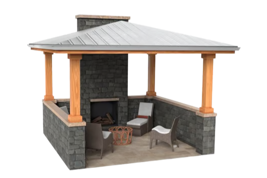 Outdoor patio with stone walls, a metal roof, and wooden support beams, furnished with chairs and a small table.