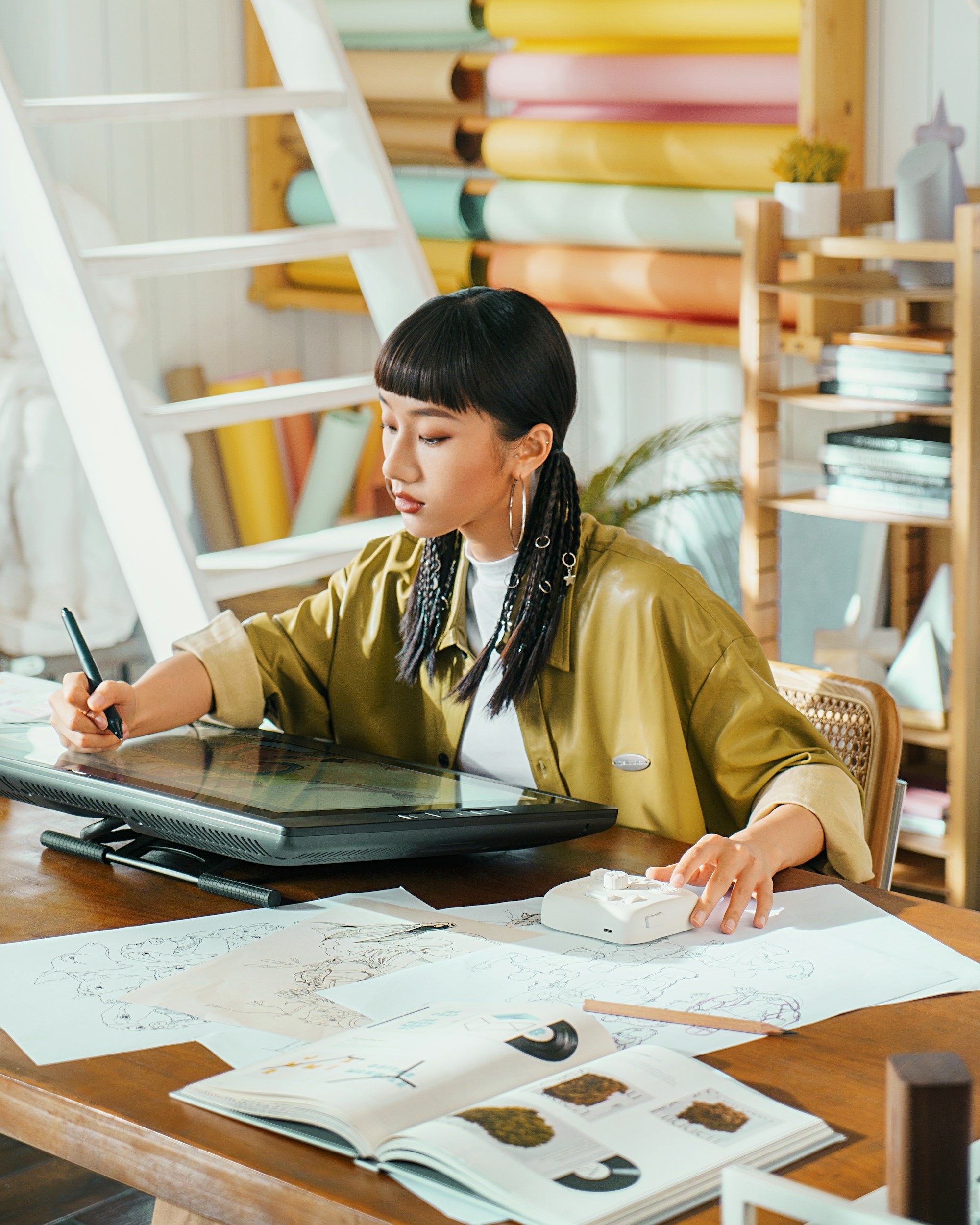 A woman with black hair and bangs, wearing a yellow jacket, working on a digital drawing tablet at a wooden table with art supplies, papers, and a book, in a brightly lit creative studio with shelves of colorful papers and materials.