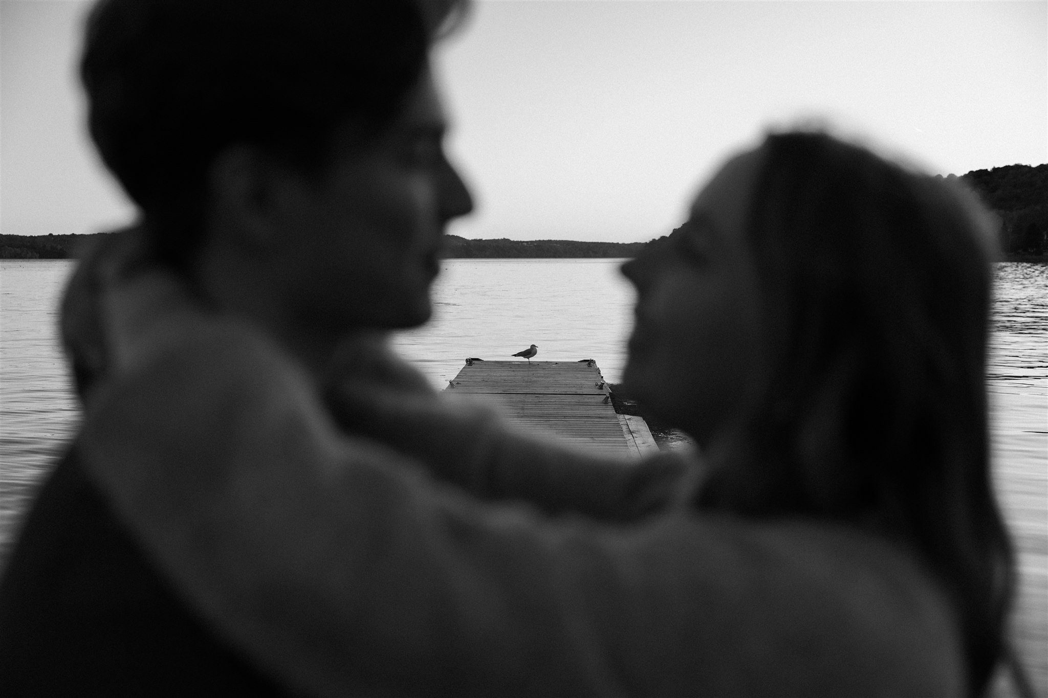 Deux personnes en silhouette qui se regardent près d'un lac, avec un pont en bois menant à une île où un oiseau est posé, en noir et blanc.