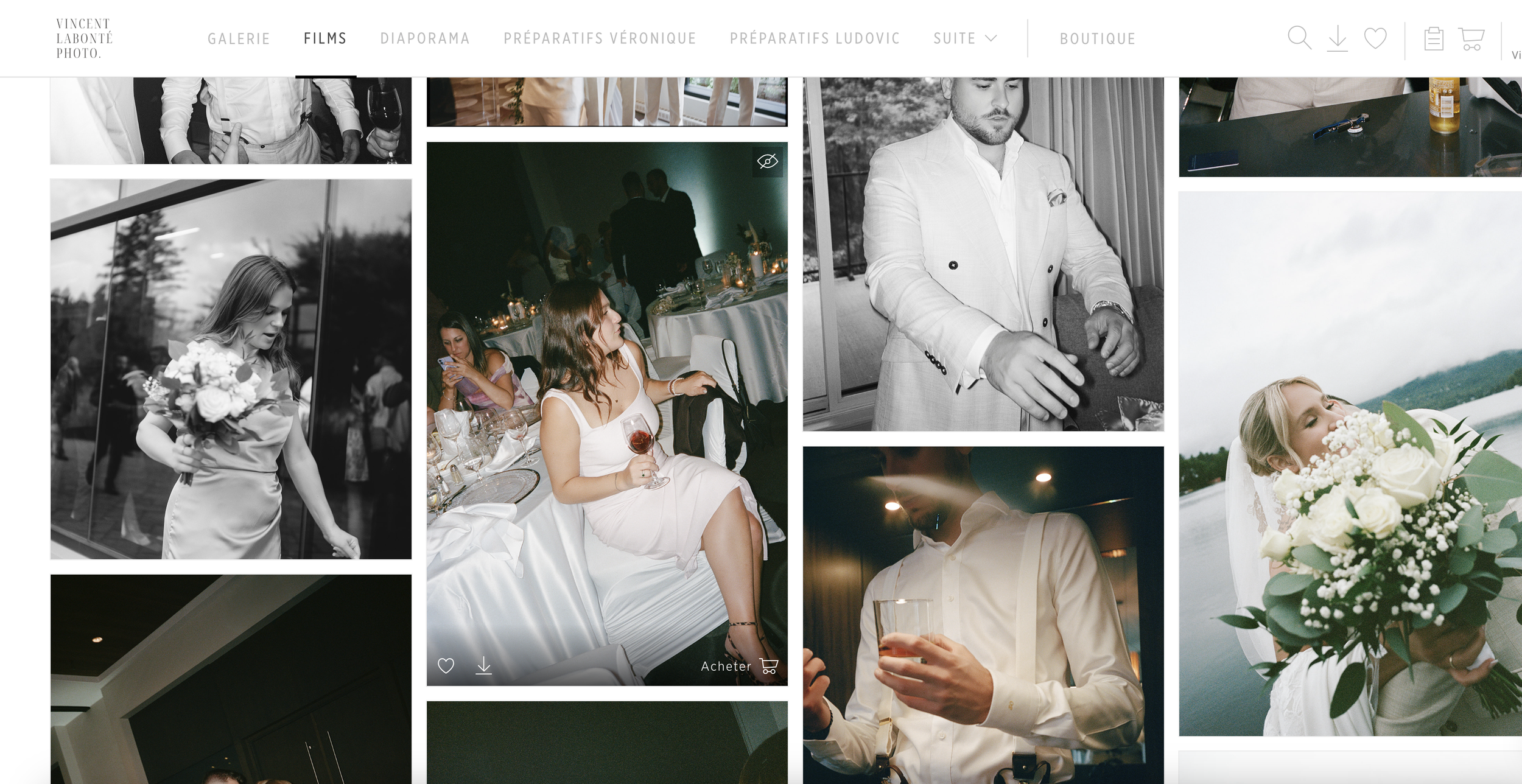 Capture d'écran d'une galerie de photos de mariage et d'événements élégants, avec des personnes habillées en tenues sophistiquées, aux prises avec des moments sociaux et intimes.