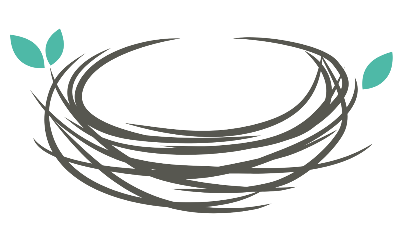 Outline of a bird's nest with two teal leaves on a black background.