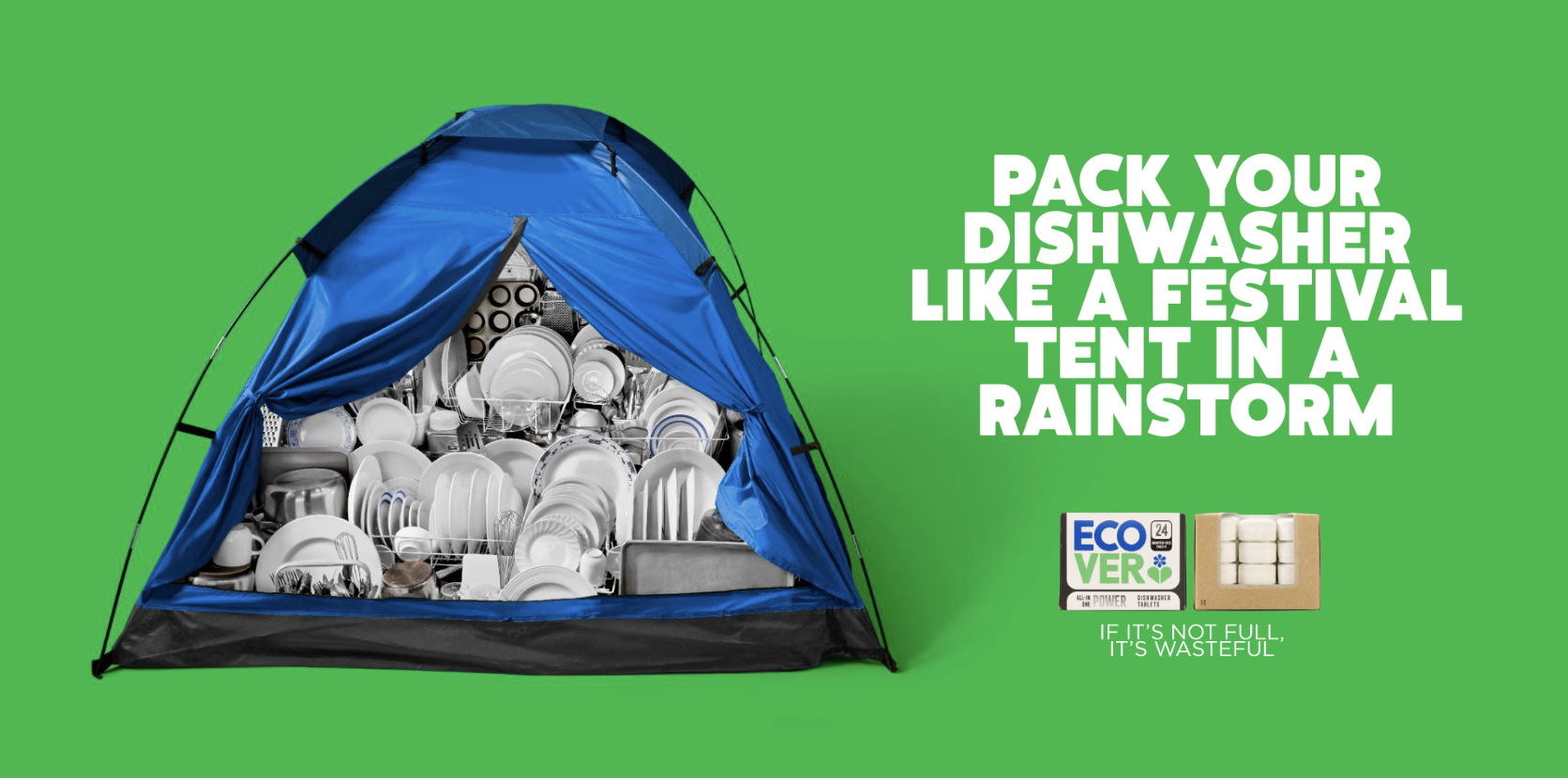 A blue tent filled with overflowing dirty dishes and dishwasher tablets, with text promoting eco-friendly dishwasher tablets and a message about wastefulness.