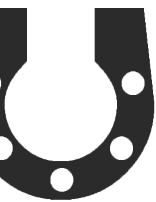 Close-up of a black horseshoe magnet with holes, viewed from the top.