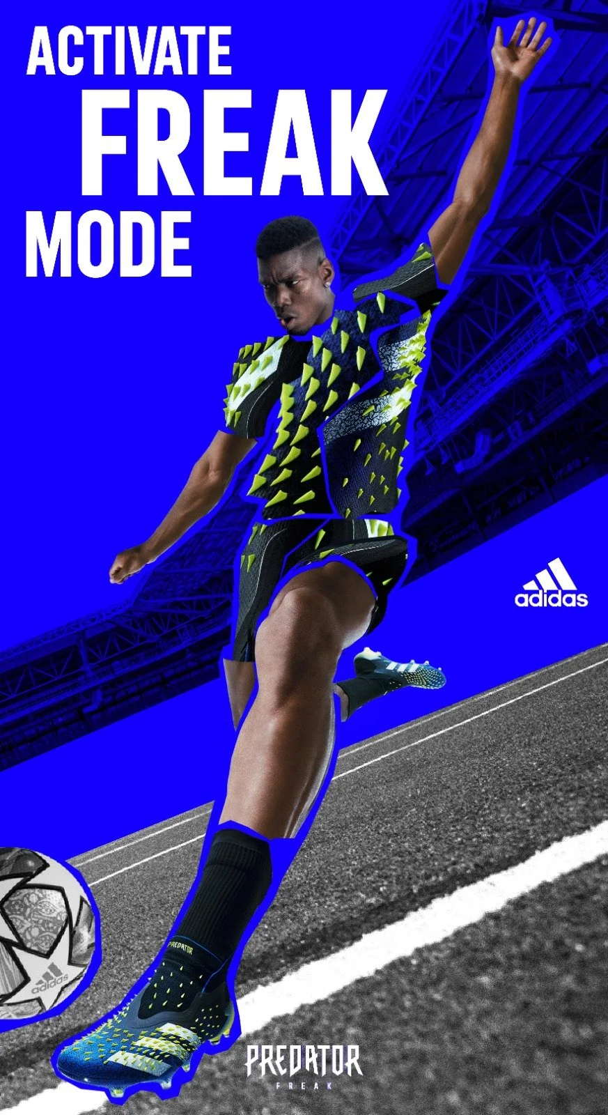 A male soccer player in a patterned Adidas sports uniform kicking a soccer ball on a track field, with a stadium background and the text 'Activate Freak Mode' in bold white letters, along with the Adidas and Predator logos.