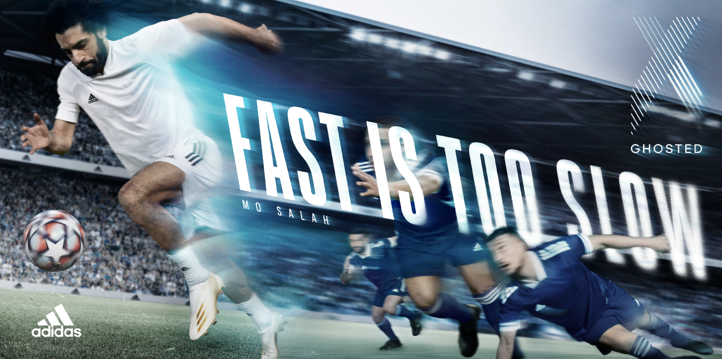 Soccer players in a stadium, one in white and others in blue, during a match with a soccer ball in motion. Text overlay says 'Fast is Foolish' and 'Mo Salah'. Adidas logo is in the bottom left corner.