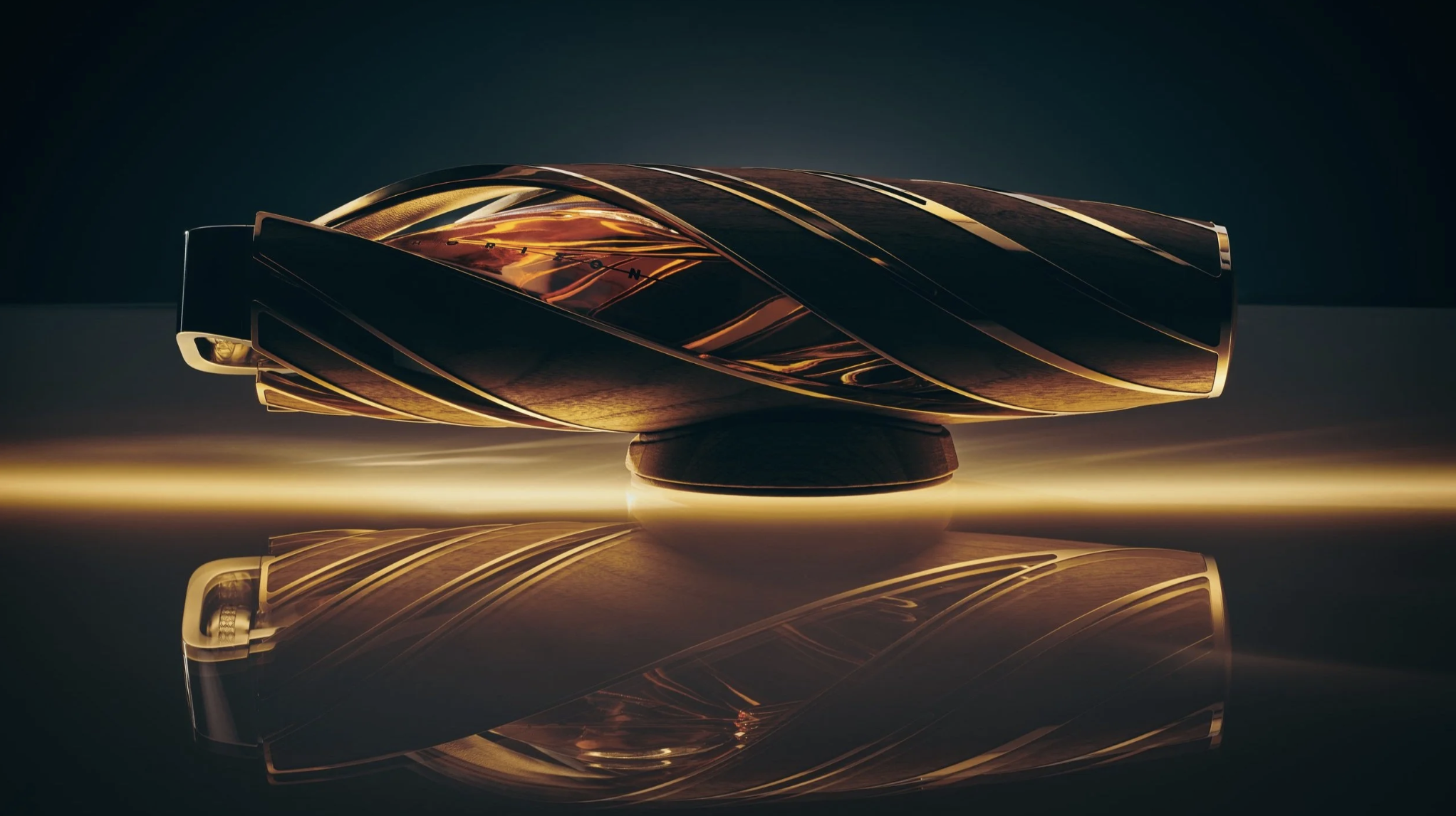 A luxurious watch with a gold and black design, placed on a reflective surface with a dark background.