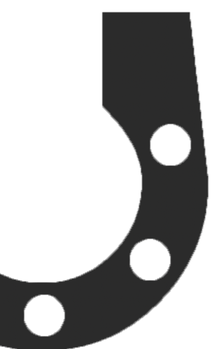 Silhouette of a curved graphic with four circular cutouts, black and gray in color.