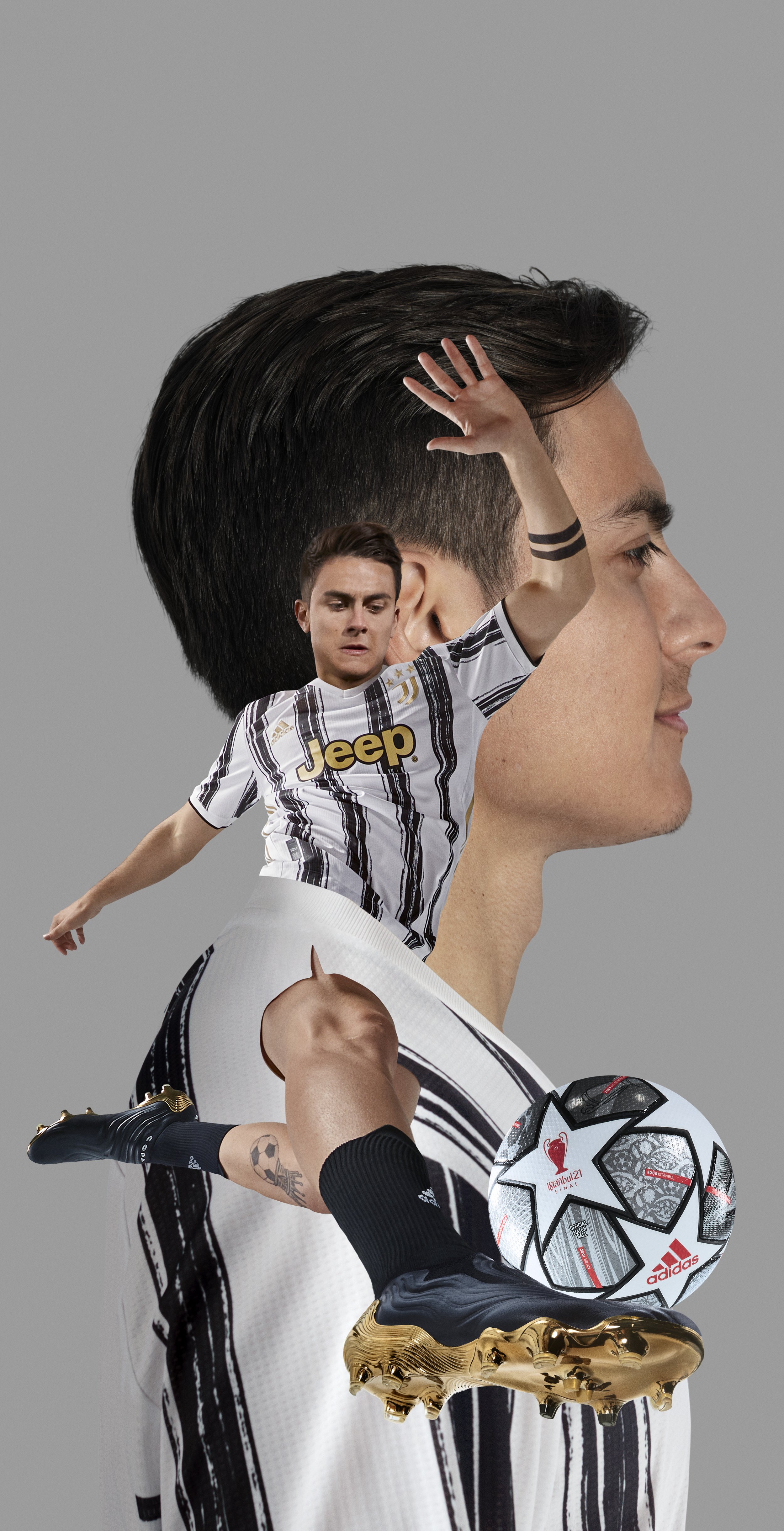 Composite image of a soccer player in a Juventus jersey and black and gold cleats, with a large profile image of Cristiano Ronaldo in the background, a soccer ball, and a hand reaching out.