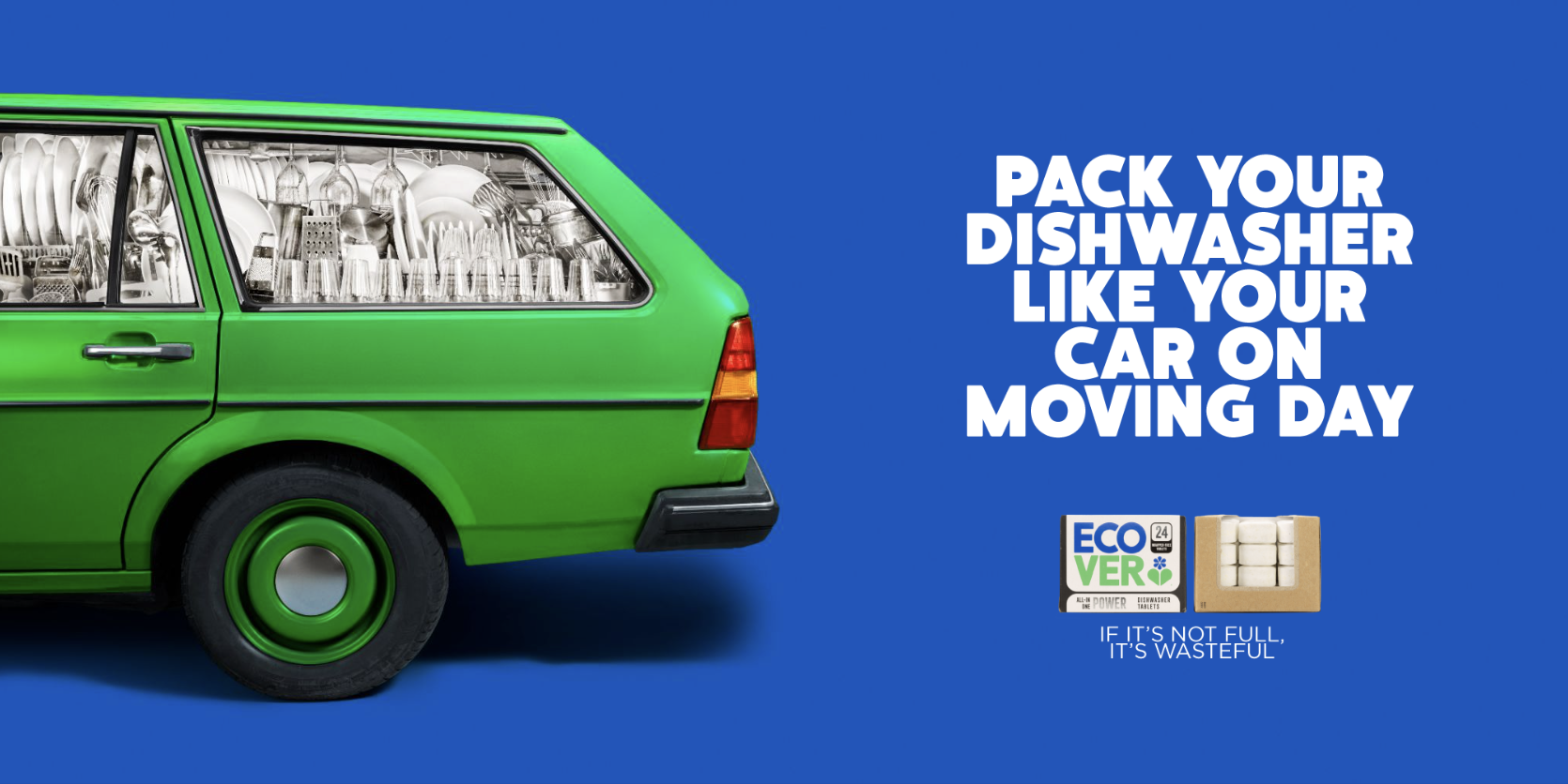 Green car loaded with clean dishes, with a bold blue background and white text promoting dishwashing tablets for moving day. The text reads, 'Pack your dishwasher like your car on moving day,' and there is a small package of Eco Ver dishwasher tablets below.