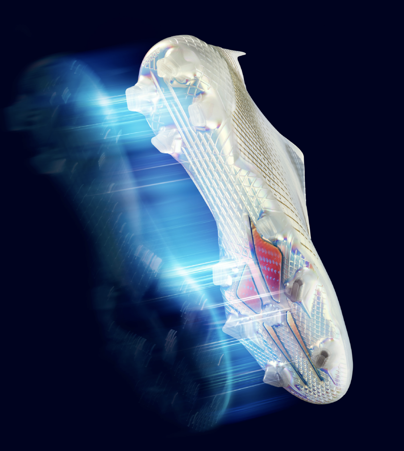 Close-up of a soccer cleat with glowing blue streaks of light against a dark background.