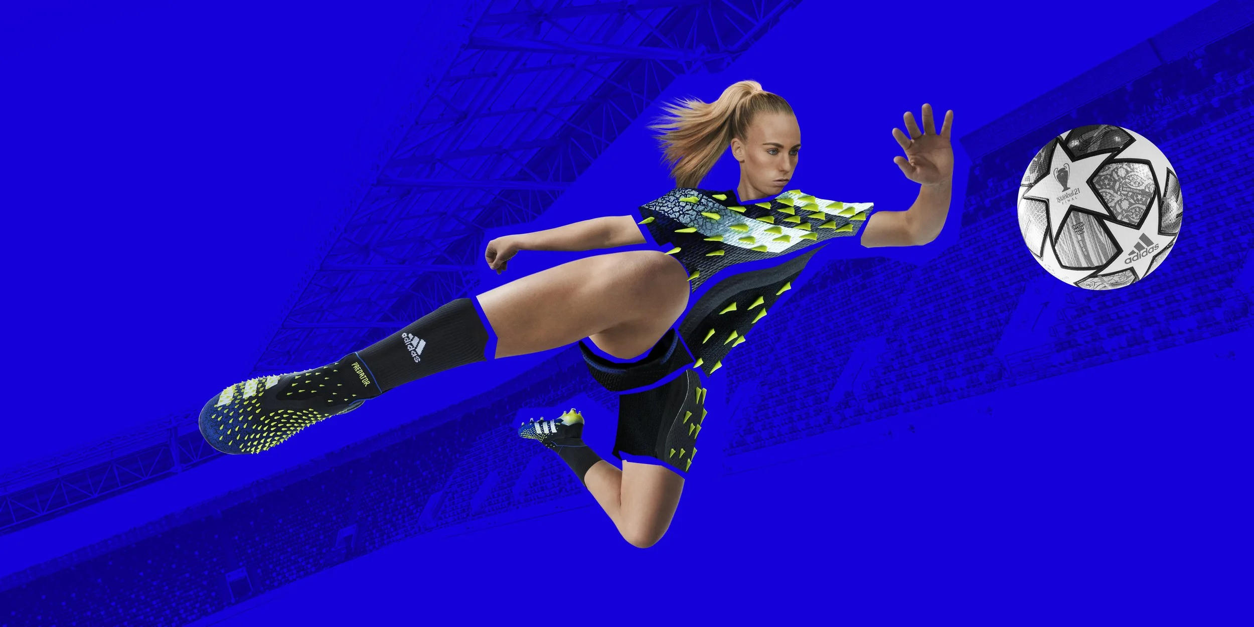 Female soccer player in a blue and yellow uniform executing a mid-air kick towards a soccer ball in a stadium.