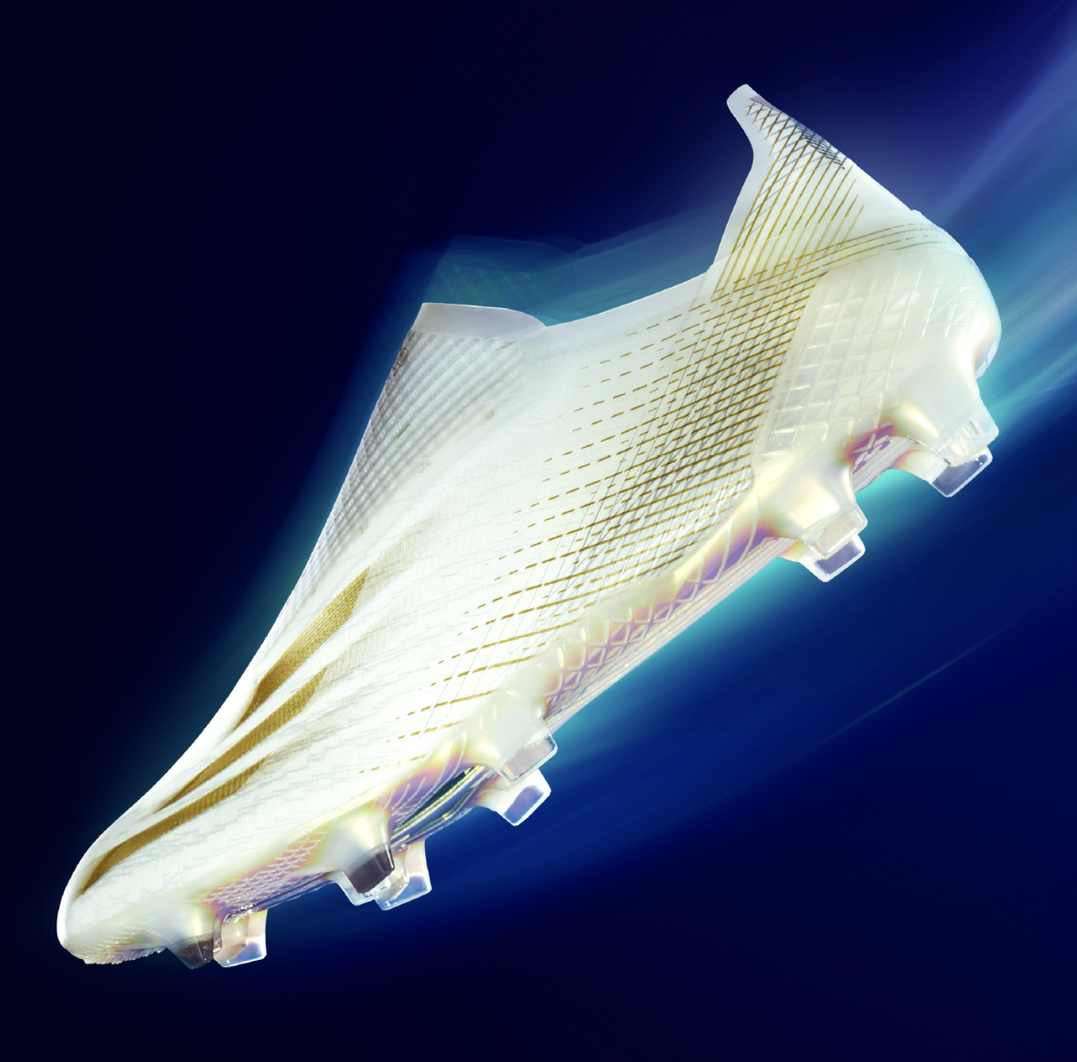 A futuristic white and gold soccer cleat with glowing accents and a sleek design, suspended against a dark background.