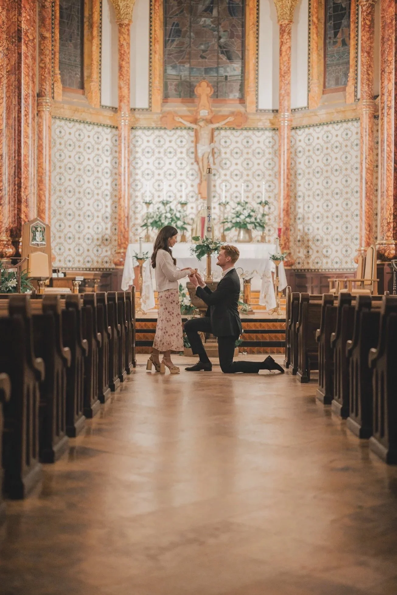 Engagement photos after mass at St. Mary's Cathedral in Austin Texas