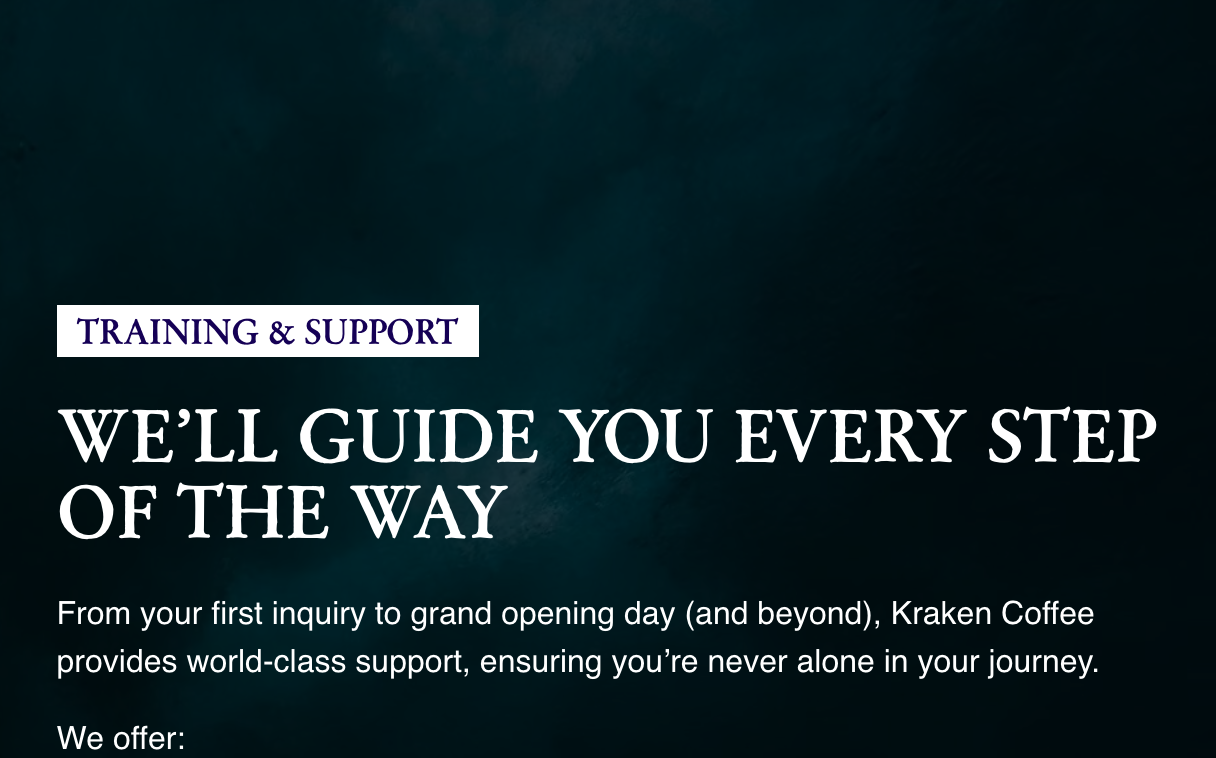 A promotional webpage for Kraken Coffee with a dark, textured background, white and purple text, and a headline stating, "We'll guide you every step of the way."