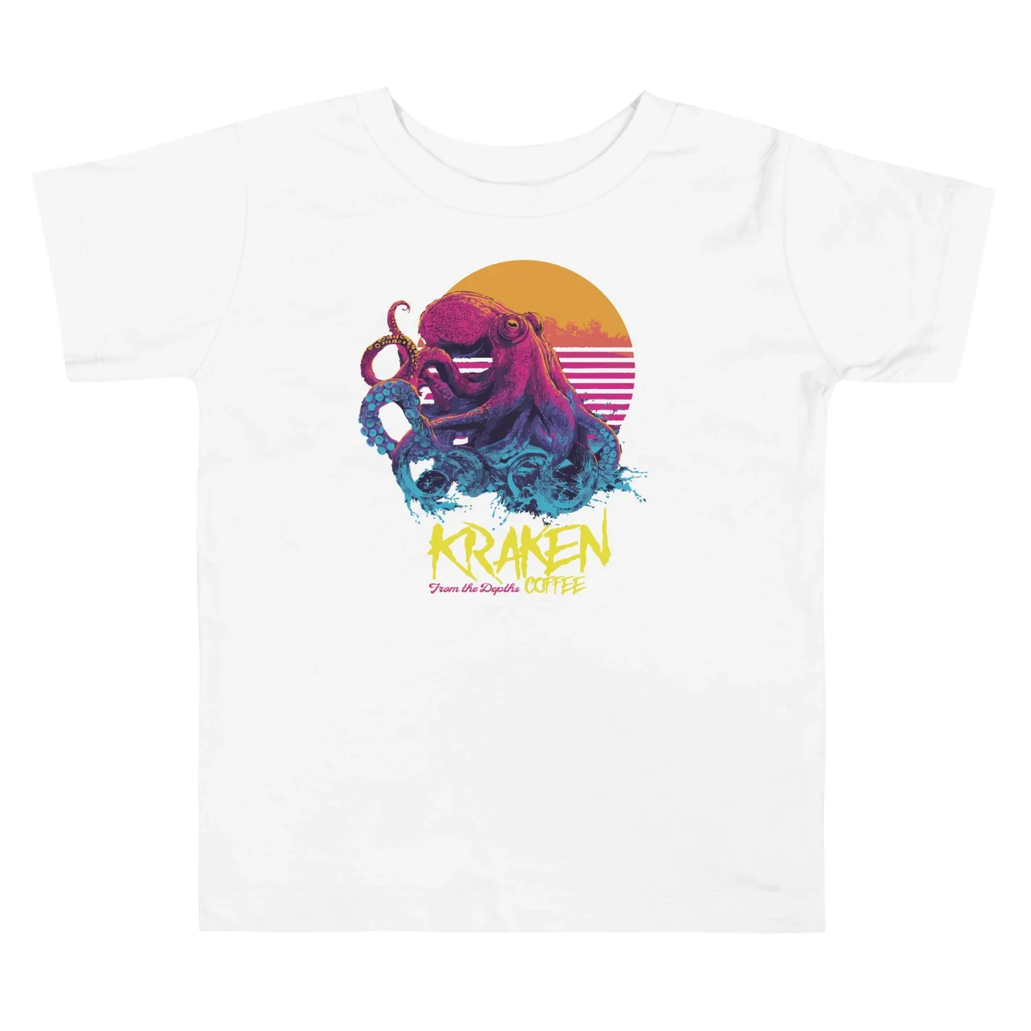 White t-shirt with a colorful graphic of an octopus in front of an orange sun and purple sunset stripes, with the text 'Kraken from the Depths Coffee' in yellow and pink.