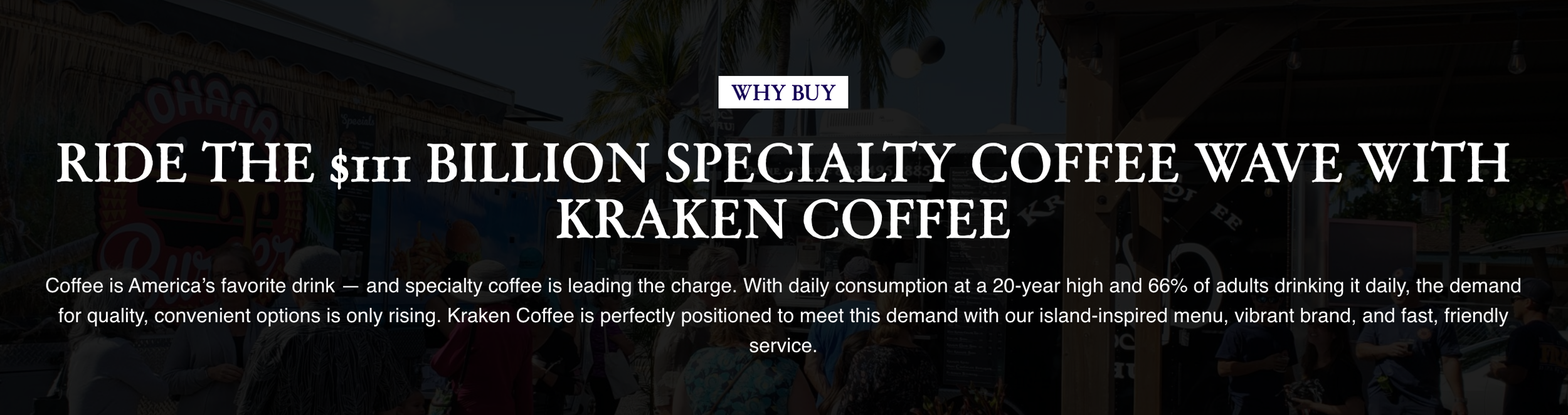 A promotional banner for Kraken Coffee featuring a background of an outdoor coffee stand with palm trees and people, with overlaid text about a specialty coffee wave and the company's branding.