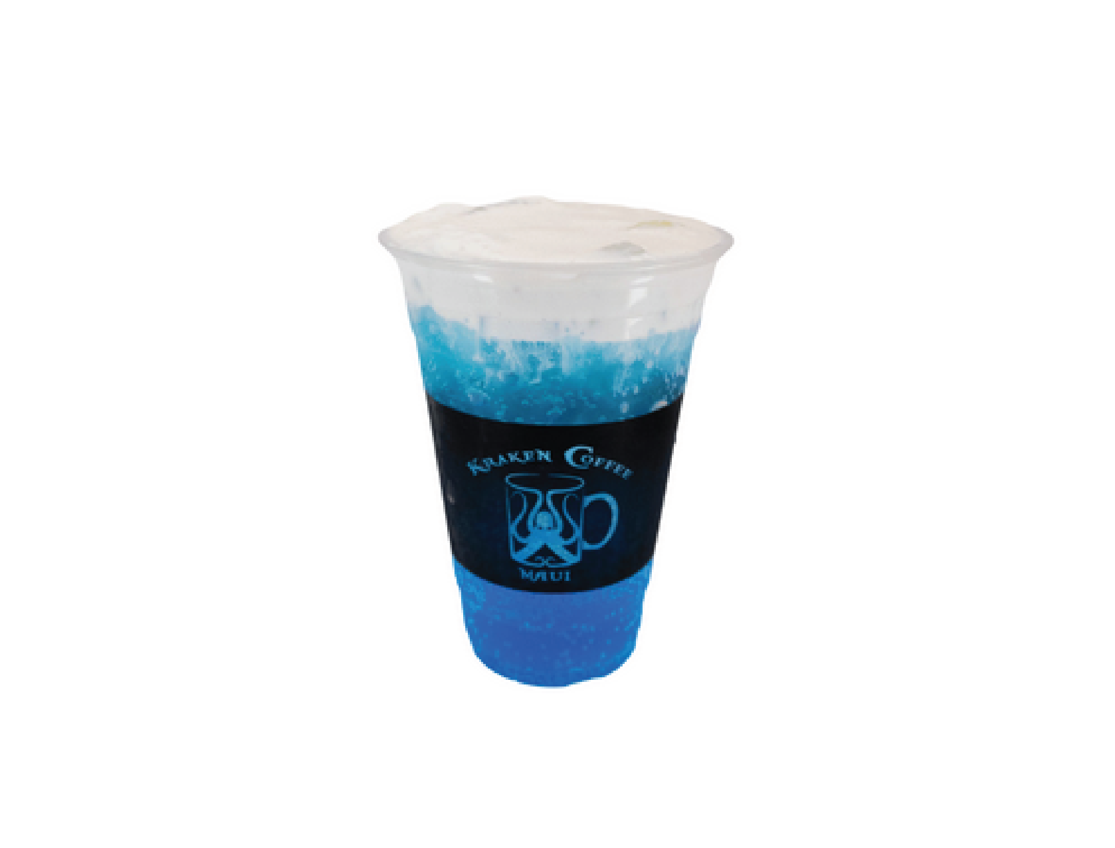 Blue and white icy beverage in a plastic cup with a black and blue Maui Coffee logo.