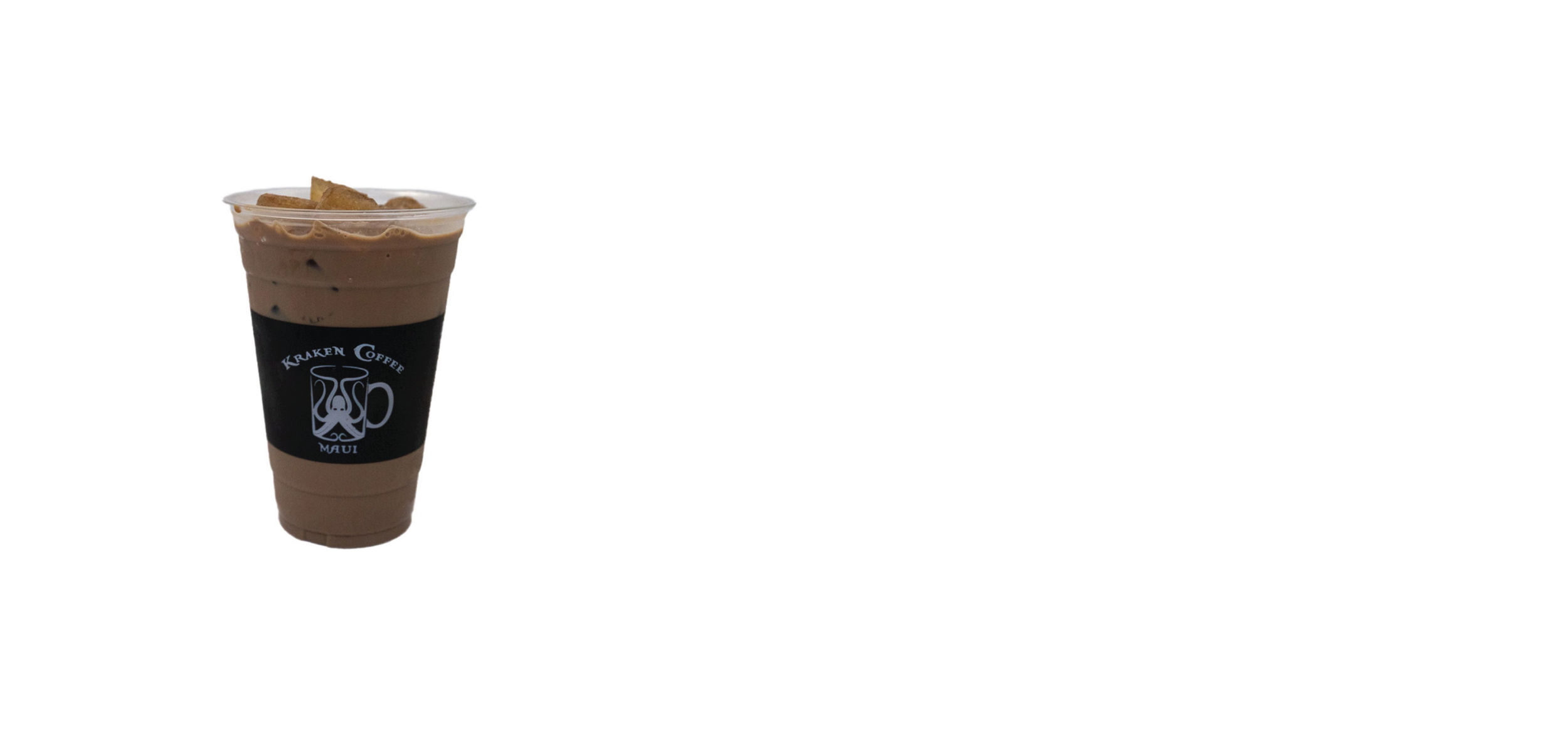 A large iced coffee in a clear plastic cup with a black sleeve and clear lid, featuring a Kraken Coffee Maui logo.