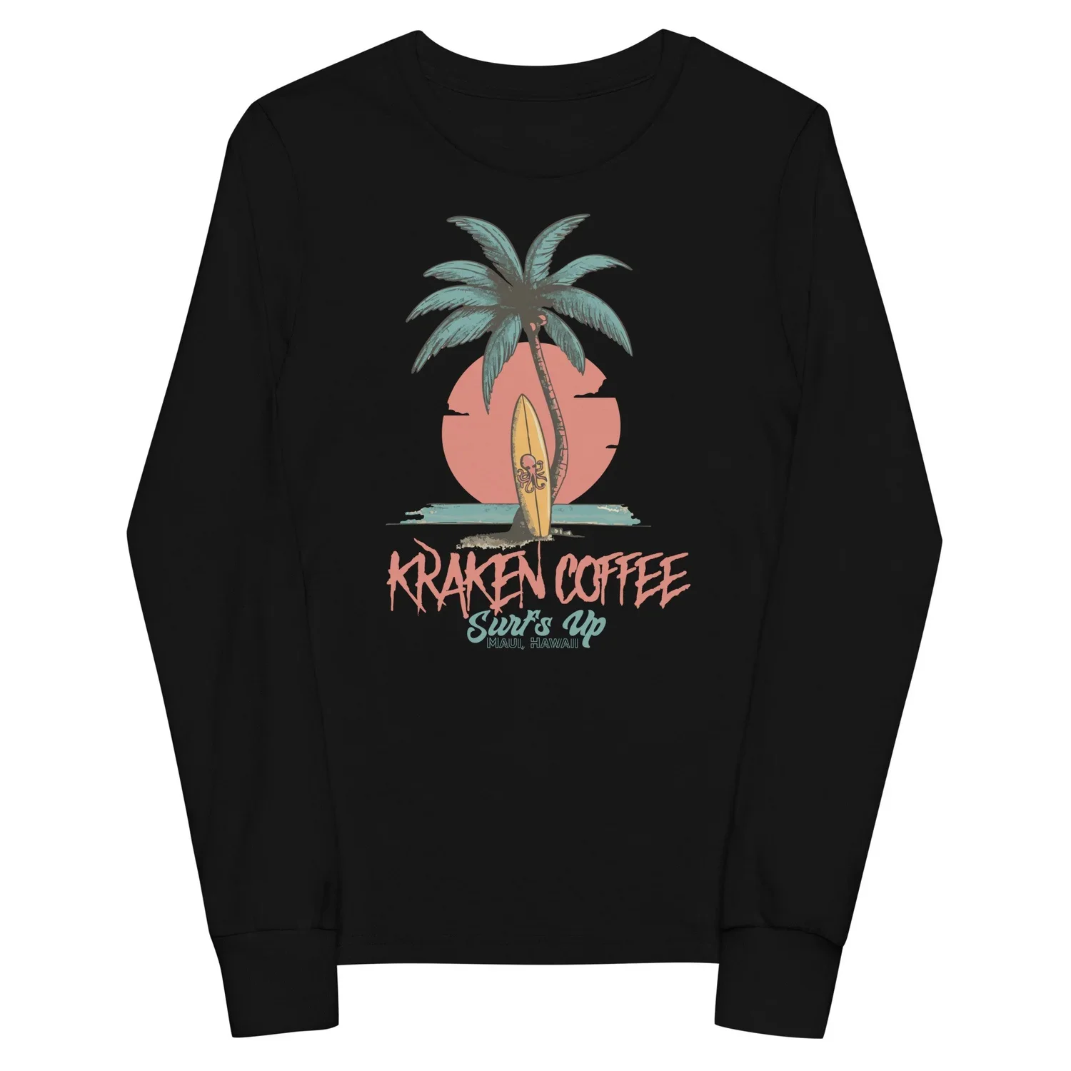 Black crewneck sweatshirt featuring a tropical beach scene with a palm tree, surfboard, sunset, and the text 'Kraken Coffee Surfs Up Maui, Hawaii' in colorful, stylized font.