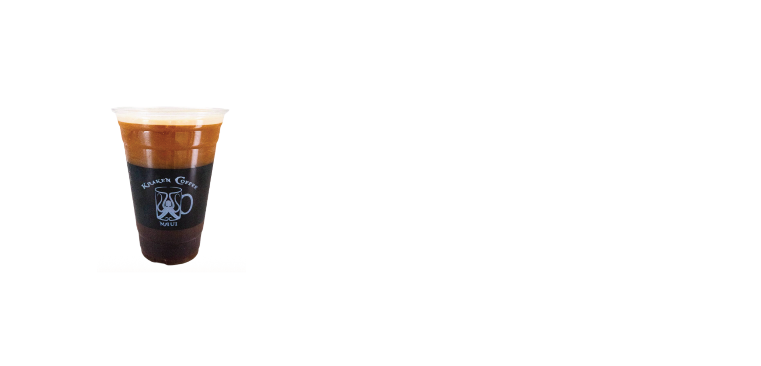 A plastic cup of iced coffee with a dark liquid and a layer of foam on top, featuring a black sleeve with a white Kona Coffee logo.