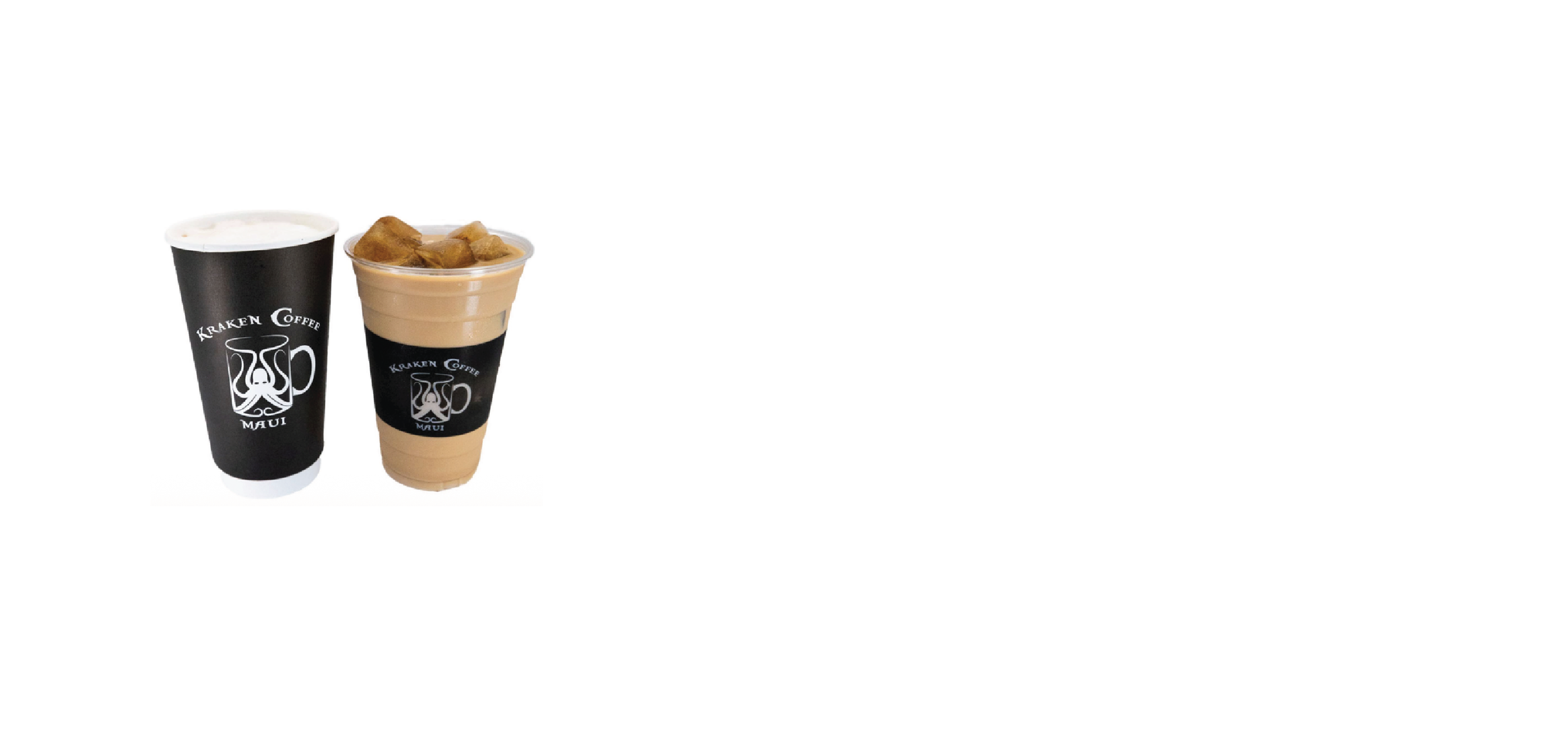 Two drinks from Kraken Coffee Maui, one in a black paper cup with whipped cream and one in a clear plastic cup with triangular ice cubes.