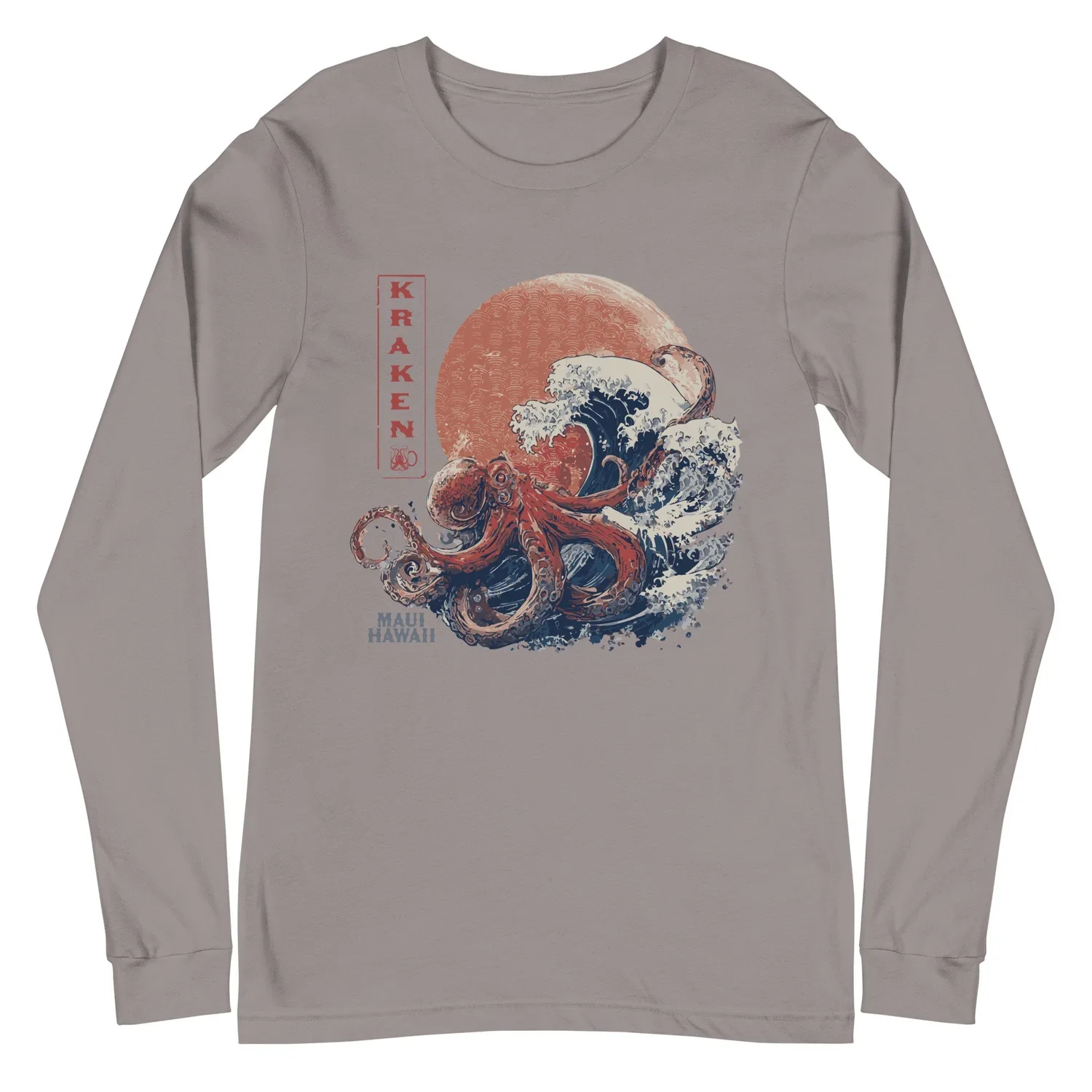 Gray long sleeve shirt with graphic of an octopus and a wave, sunset background, and text 'KRAKEN' and 'MAUI HAWAII'.