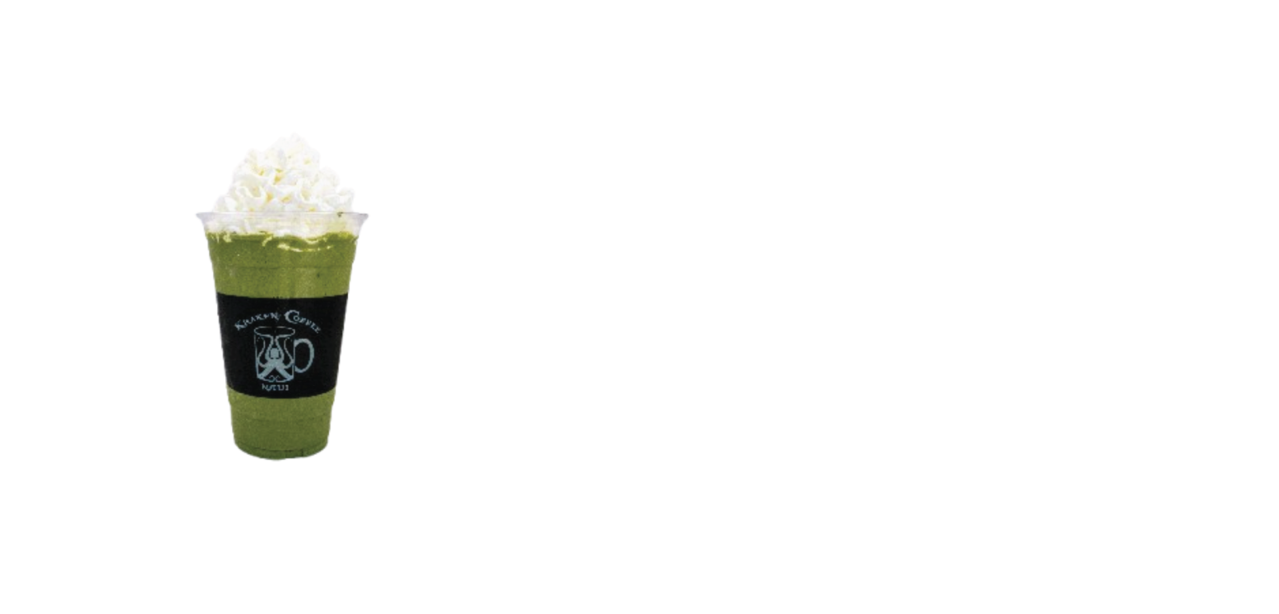A layered green and black beverage topped with whipped cream in a clear plastic cup with a logo.