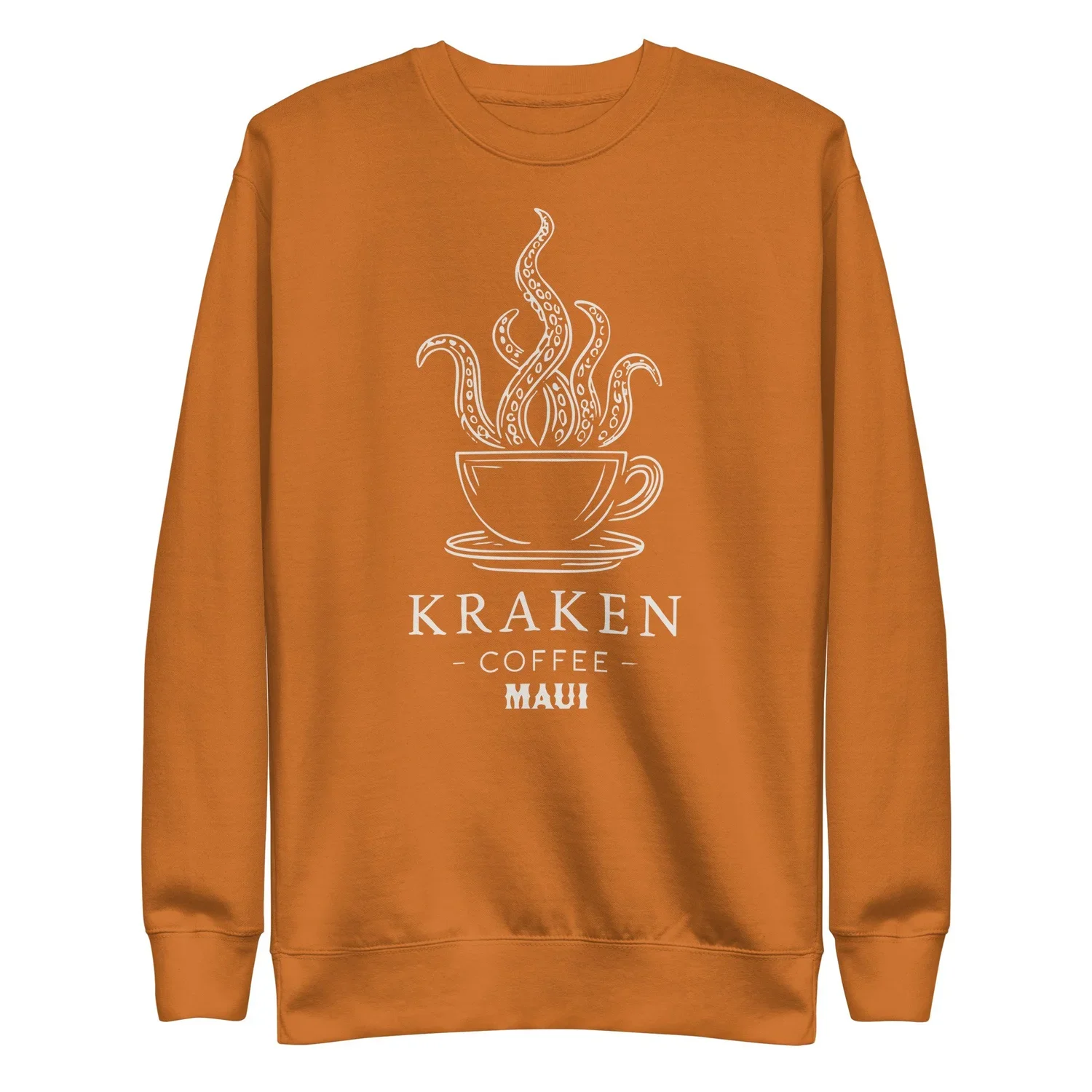 Orange sweatshirt with white graphic of a coffee cup and tentacles, with text "Kraken Coffee Maui."